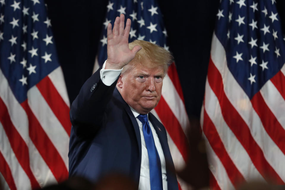 President Donald Trump waves to supporters after speaking at his Black Voices for Trump rally Friday, Nov. 8, 2019, in Atlanta. (AP Photo/John Bazemore)