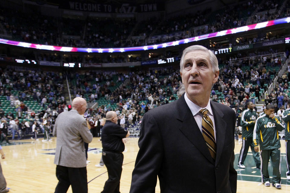 Utah Jazz head coach Jerry Sloan looks into the stands before an NBA basketball game in Salt Lake City, Monday, Nov. 29, 2010. (AP Photo/Colin E Braley)