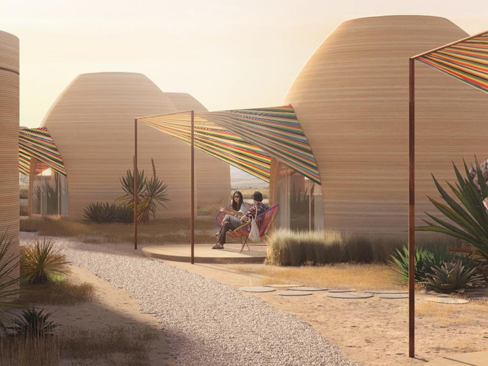 Renderings of the El Cosmico property show printed domes with guests lounging outside.