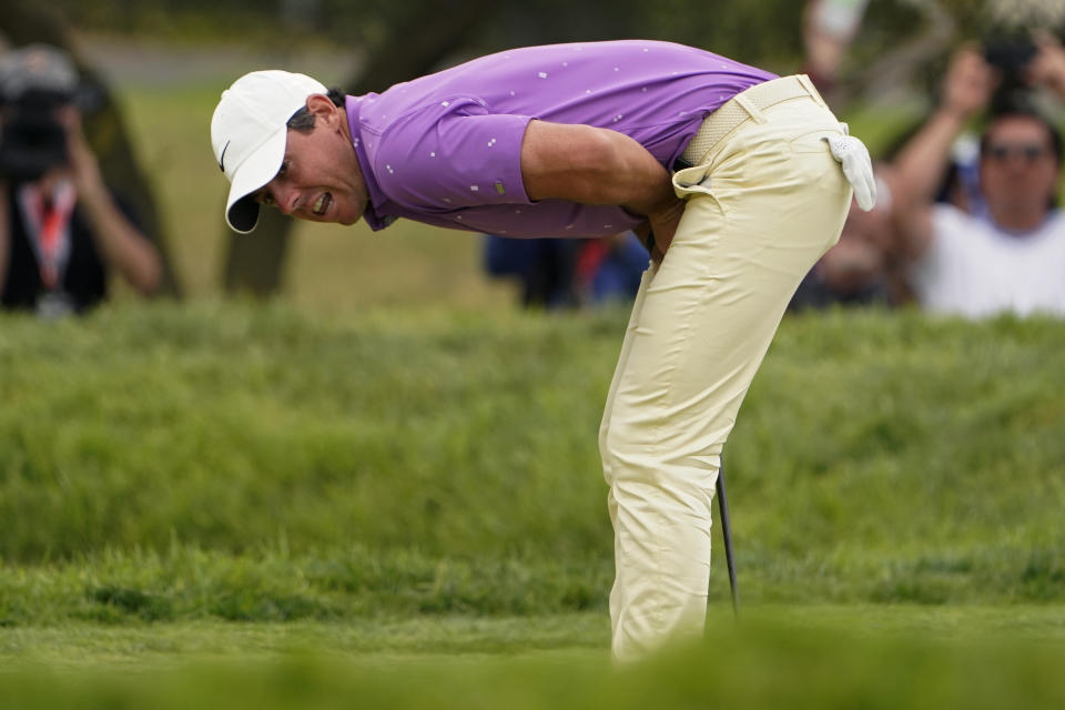 Rory McIlroy, of Northern Ireland, reacts to missing his birdie putt on the ninth green during the final round of the U.S. Open Golf Championship, Sunday, June 20, 2021, at Torrey Pines Golf Course in San Diego. (AP Photo/Jae C. Hong)