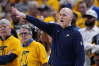 Indiana Pacers head coach Rick Carlisle directs his team during the second half against the Milwaukee Bucks in Game 6 in an NBA basketball first-round playoff series, Thursday, May 2, 2024, in Indianapolis. The Pacers won 120-98. (AP Photo/Michael Conroy)