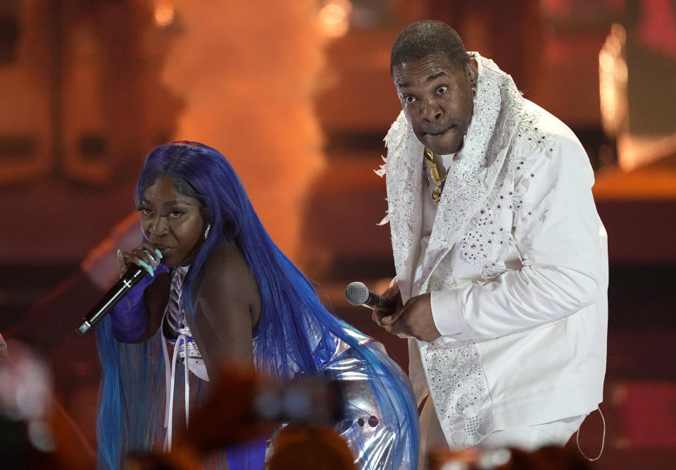 Spice, left, and Busta Rhymes perform "So Mi Like It" during a tribute in his honor at the BET Awards on Sunday, June 25, 2023, at the Microsoft Theater in Los Angeles. (AP Photo/Mark Terrill)