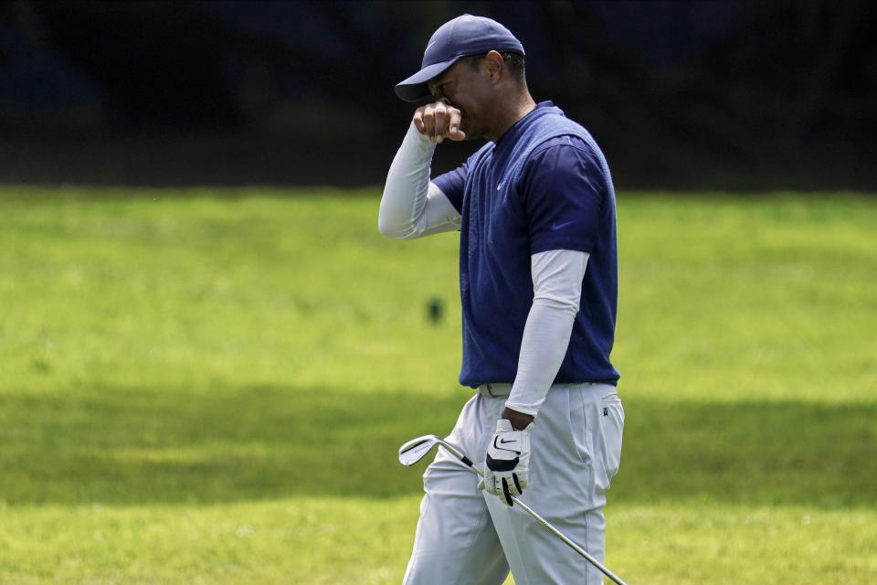 Tiger Woods walks to the 12th green during the third round of the PGA Championship golf tournament at TPC Harding Park Saturday, Aug. 8, 2020, in San Francisco. (AP Photo/Jeff Chiu)