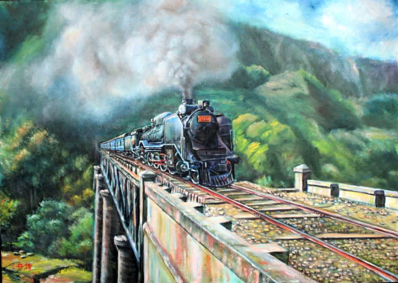 20220727-台鐵鐵路風光繪師陳世雄在畫作中，描繪蒸汽火車行駛舊山線時的場景。（陳世雄提供）