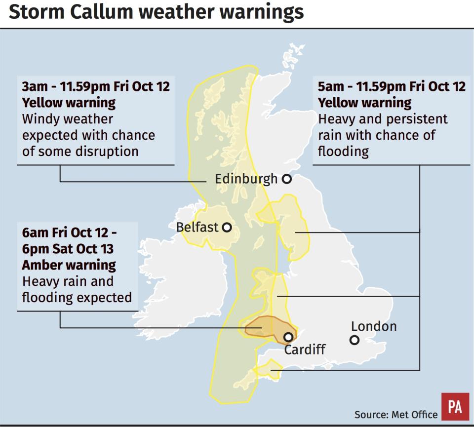 <em>Weather warnings are in place across the UK as Storm Callum started lashing the country (Picture: PA)</em>
