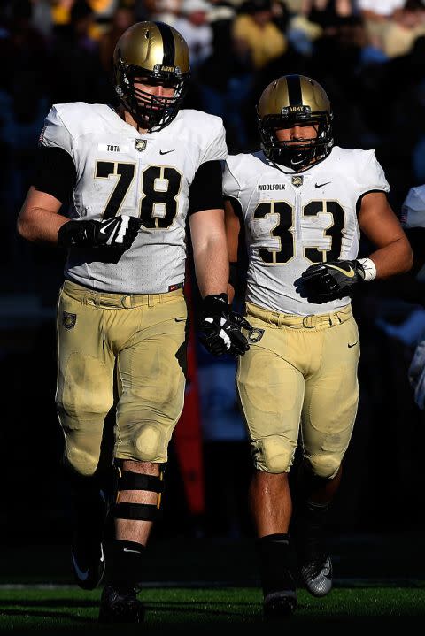 Brett Toth (78) and running back Darnell Woolfolk (33) of the Army Black Knights take the field against the Wake Forest Demon Deacons in 2016 in Winston Salem. (Photo by Mike Comer/Getty Images)