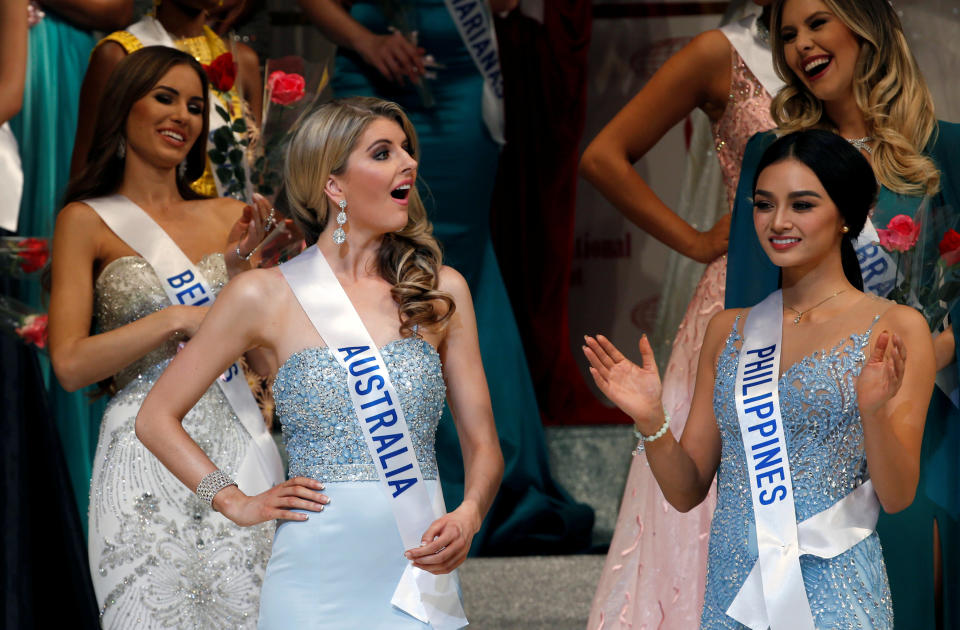 The first runner-up of the Miss International 2016 Alexandra Britton (L) representing Australia reacts after she was named during the 56th Miss International Beauty Pageant in Tokyo, Japan October 27, 2016. REUTERS/Kim Kyung-Hoon