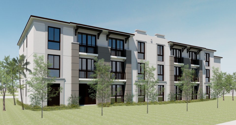 A rendering of an apartment complex at The Village of Casa Familia.