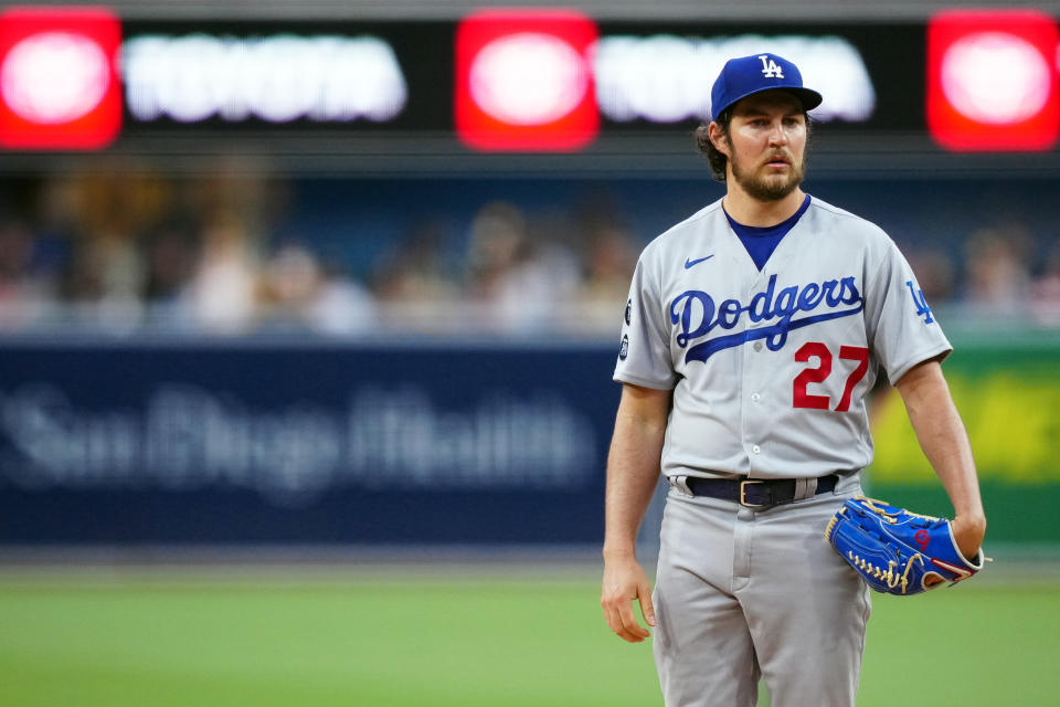 SAN DIEGO, CA - JUNE 23:  Trevor Bauer #27 of the Los Angeles Dodgers pauses between pitches during the game between the Los Angeles Dodgers and the San Diego Padres at Petco Park on Wednesday, June 23, 2021 in San Diego, California. (Photo by Daniel Shirey/MLB Photos via Getty Images)