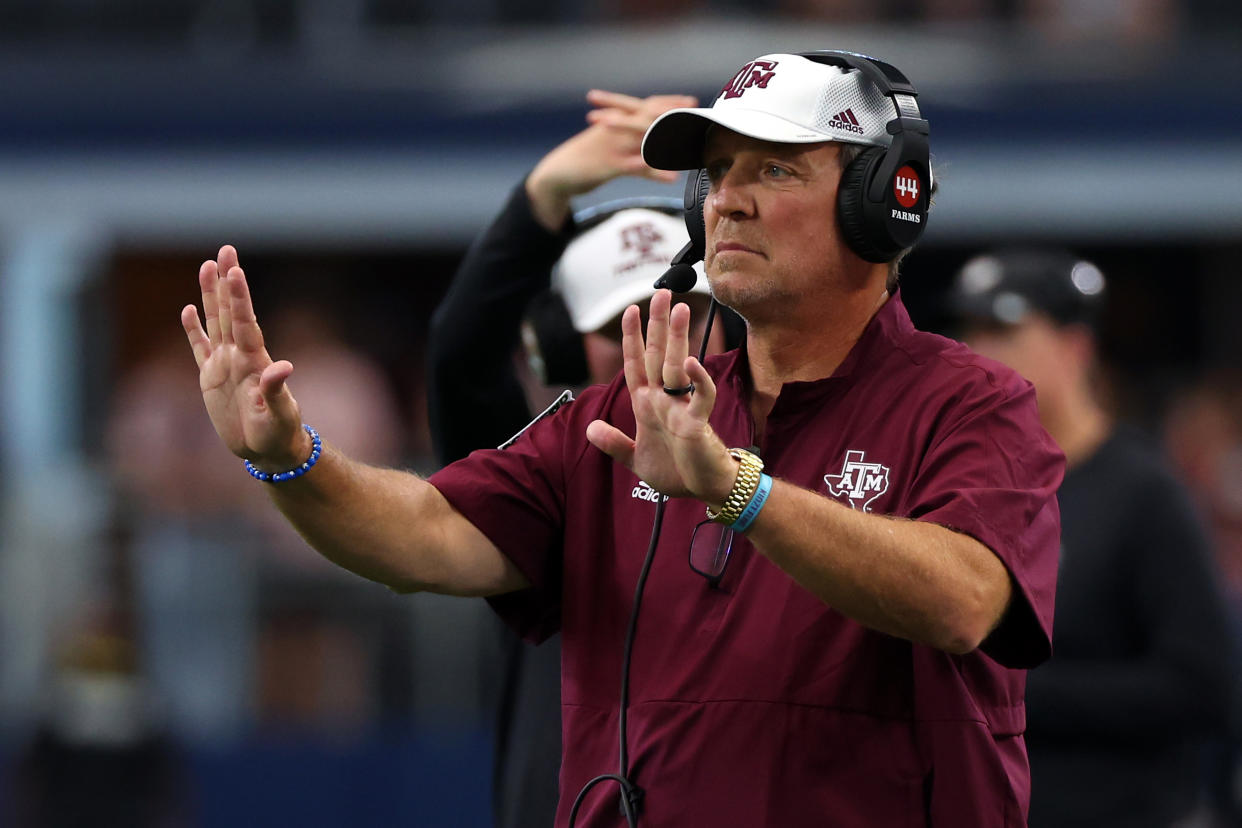 The seat is heating up for Texas A&M head coach Jimbo Fisher after another disappointing start for a team with sky-high expectations. (Photo by Richard Rodriguez/Getty Images)