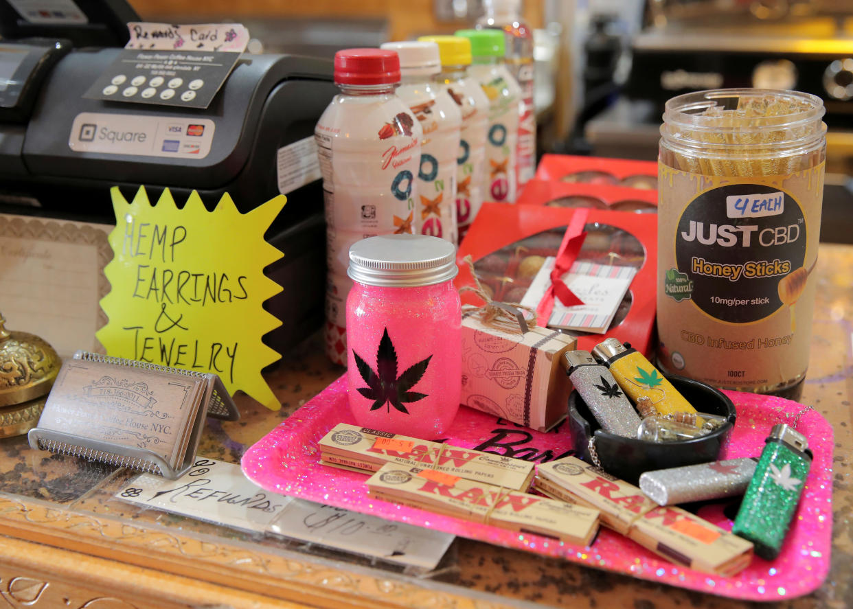 Products are displayed at Dorothy Stepnowska's Flower Power Coffee House, a CBD cafe, in the Queens borough of New York City, U.S., March 6, 2019. Picture taken March 6, 2019.  REUTERS/Brendan McDermid