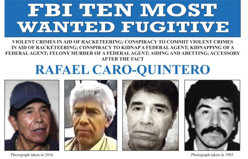ARCHIVO - Esta imagen publicada por el FBI muestra el cartel de búsqueda de Rafael Caro-Quintero, quien estuvo detrás del asesinato de un agente de la DEA de EEUU en 1985. Caro-Quintero fue capturado por las fuerzas mexicanas casi una década después de salir de una prisión mexicana y regresar al narcotráfico, confirmó un funcionario de la Marina de México el viernes 15 de julio de 2022. (FBI via AP, Archivo)