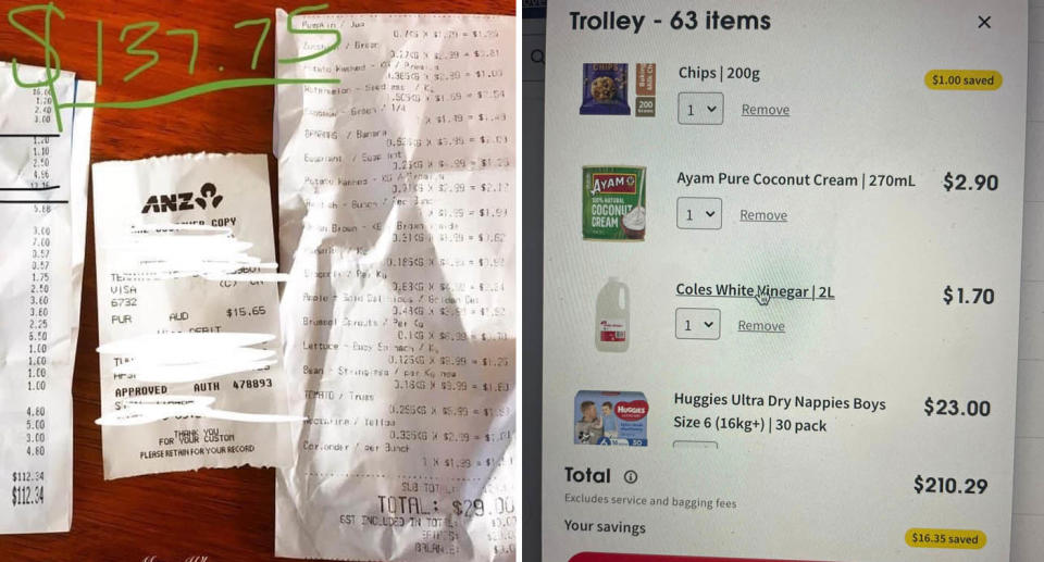 A photo of receipts posted by the woman which equate to spending $137.75 on her Coles grocery shop in March 2019. A photo of her online order in March 2023 which equates to 210.29.