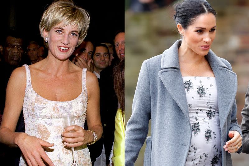 <p> Princess Diana wore a pretty beaded dress with the lightest floral print to a pre-auction party at Christies New York in 1997. Meghan choose a very similar printed dress from Brock Collection when she attended the Royal Variety Charity&apos;s Brinsworth House in 2018. </p>