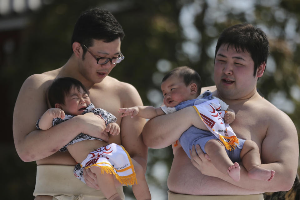 FILE - Held by college sumo wrestlers, a couple of babies compete during Naki Sumo or Crying Baby Contest at Sensoji Buddhist temple in Tokyo, on April 26, 2014. The number of babies born in Japan last year fell for an eighth straight year to a new low, government data showed Tuesday, Feb. 27, 2024, and a top official said it was critical for the country to reverse the trend in the coming half-dozen years. (AP Photo/Eugene Hoshiko, File)