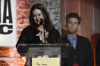 Fiona Prine, the widow of the late John Prine, accepts the song of the year award presented for John Prine's song "I Remember Everything" at the Americana Honors & Awards show Wednesday, Sept. 22, 2021, in Nashville, Tenn. (AP Photo/Mark Zaleski)