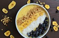 <p>This tropical smoothie bowl tastes how summer feels. The bright dish is loaded with protein from the yogurt, granola and banana and is sweetened up by mango and pineapple. Feel free to make additions and substitutions liberally.</p> <p><a href="https://www.thedailymeal.com/best-recipes/tropical-smoothie-bowl-dairy-free-yogurt?referrer=yahoo&category=beauty_food&include_utm=1&utm_medium=referral&utm_source=yahoo&utm_campaign=feed" rel="nofollow noopener" target="_blank" data-ylk="slk:For the Dairy-Free Tropical Smoothie Bowl recipe, click here.;elm:context_link;itc:0;sec:content-canvas" class="link ">For the Dairy-Free Tropical Smoothie Bowl recipe, click here.</a></p>