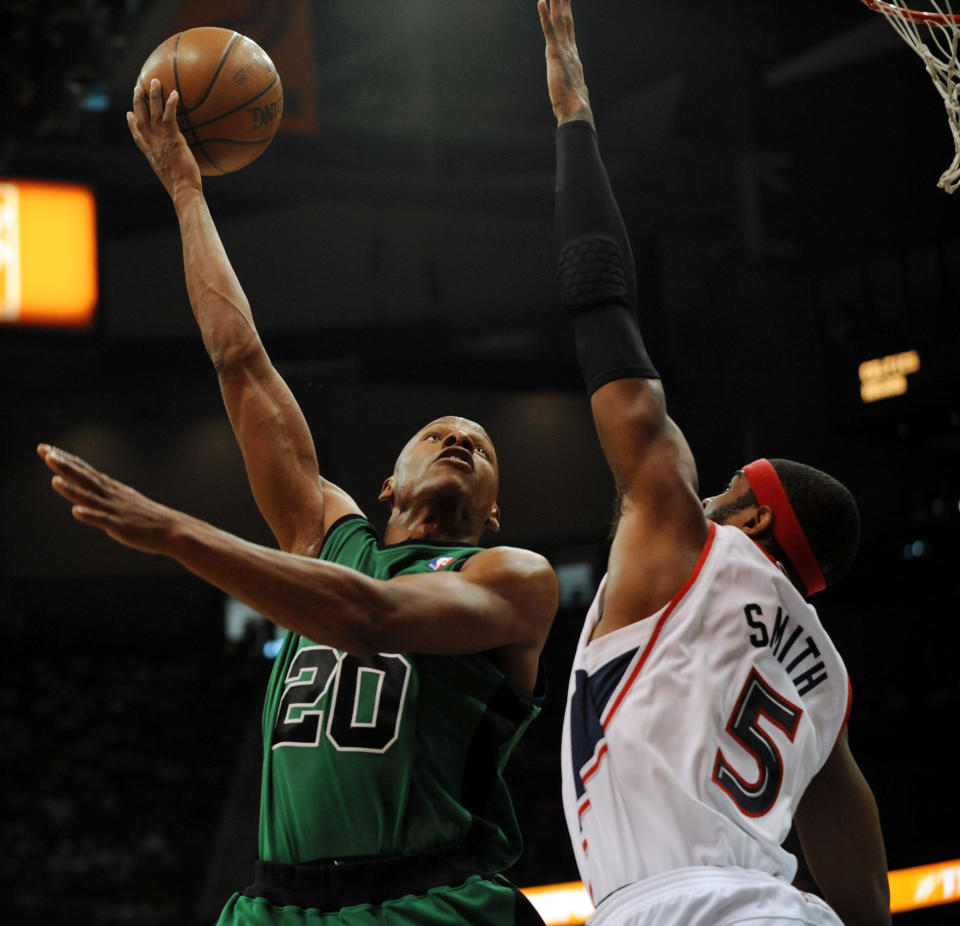 Boston Celtics guard Ray Allen (20) works against <a class="link " href="https://sports.yahoo.com/nba/teams/atlanta/" data-i13n="sec:content-canvas;subsec:anchor_text;elm:context_link" data-ylk="slk:Atlanta Hawks;sec:content-canvas;subsec:anchor_text;elm:context_link;itc:0">Atlanta Hawks</a> forward Josh Smith (5) during the first quarter of an NBA basketball game, Saturday, April 12, 2008, at Philips Arena in Atlanta. (AP Photo/Gregory Smith)