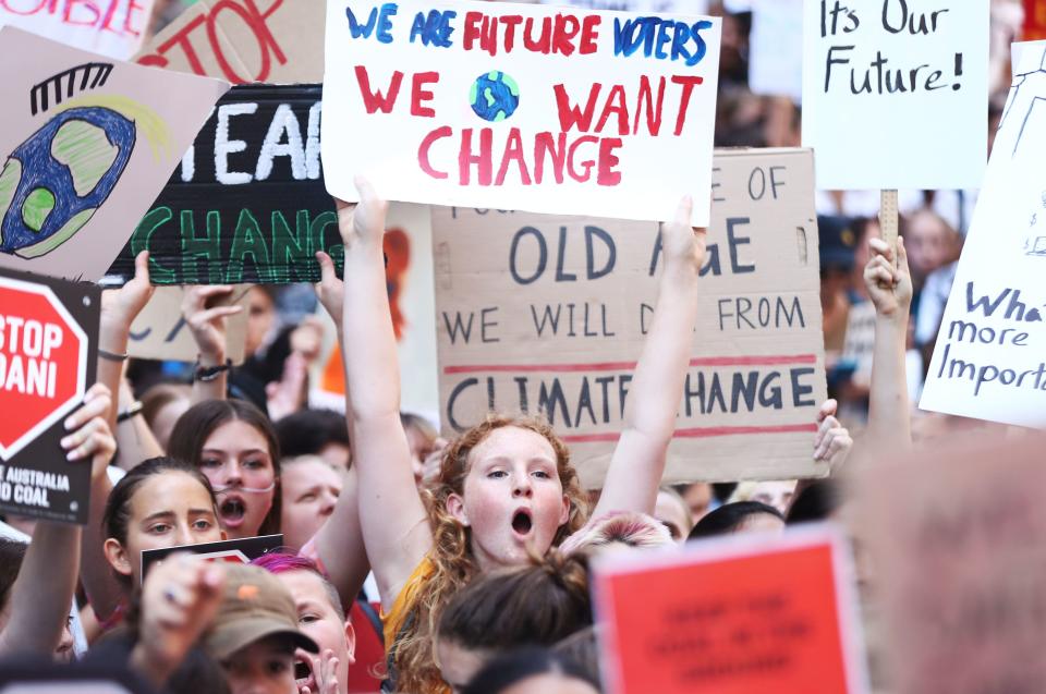 Inspired by Greta Thunberg, a 15-year-old Swedish student who led a strike outside Swedish parliament, Australian students gather in Sydney to demand the government take action on climate change on Nov. 30, 2018. (Photo: Mark Metcalfe via Getty Images)