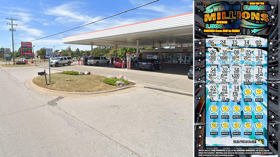 A Google Maps image of the Michigan petrol state on the left. Pictured right is the lottery scratchie.