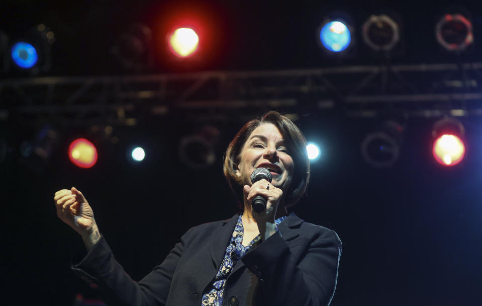 Democratic presidential candidate Amy Klobuchar speaks to her supporters during a campaign rally at The Depot in Salt Lake City on Monday, March 2, 2020. The Minnesota senator is hoping to fire up voters before Tuesday's presidential primary. (Steve Griffin/The Deseret News via AP)