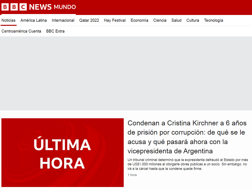 La BBC también replicó la noticia sobre la condena de Cristina Kirchner en Vialidad.