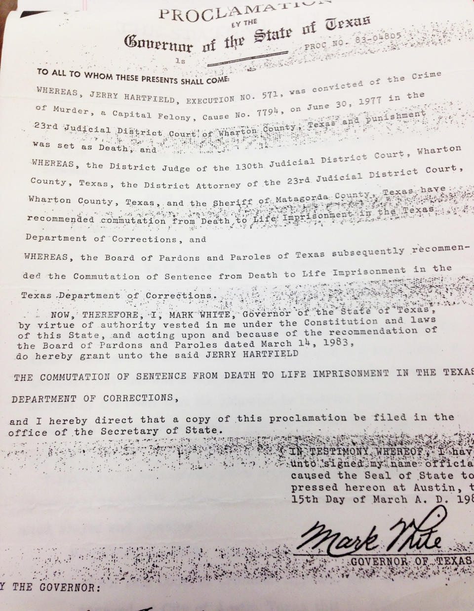 This March 15, 1980 proclamation by then Texas Governor Mark White commutes Jerry Hartsfield's death sentence to life in prison. Hartsfield has been locked up for more than three decades for a slaying even though the state's top appeals court ruled in 1980 that he doesn't have a valid murder conviction. His attorneys are asking a state district judge to dismiss the charge and free him because his constitutional right to a speedy trial has been violated. (AP Photo/Michael Graczyk)