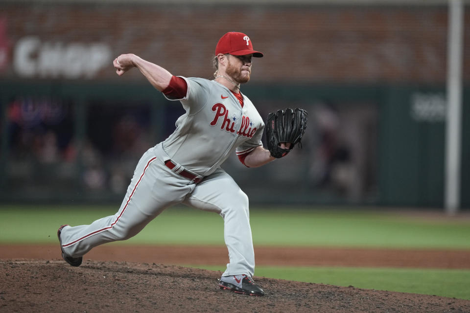Philadelphia Phillies relief pitcher Craig Kimbrel delivers in the ninth inning of a baseball game against the Atlanta Braves, Friday, May 26, 2023, in Atlanta. Kimbrel celebrated his 400th career save. (AP Photo/Brynn Anderson)
