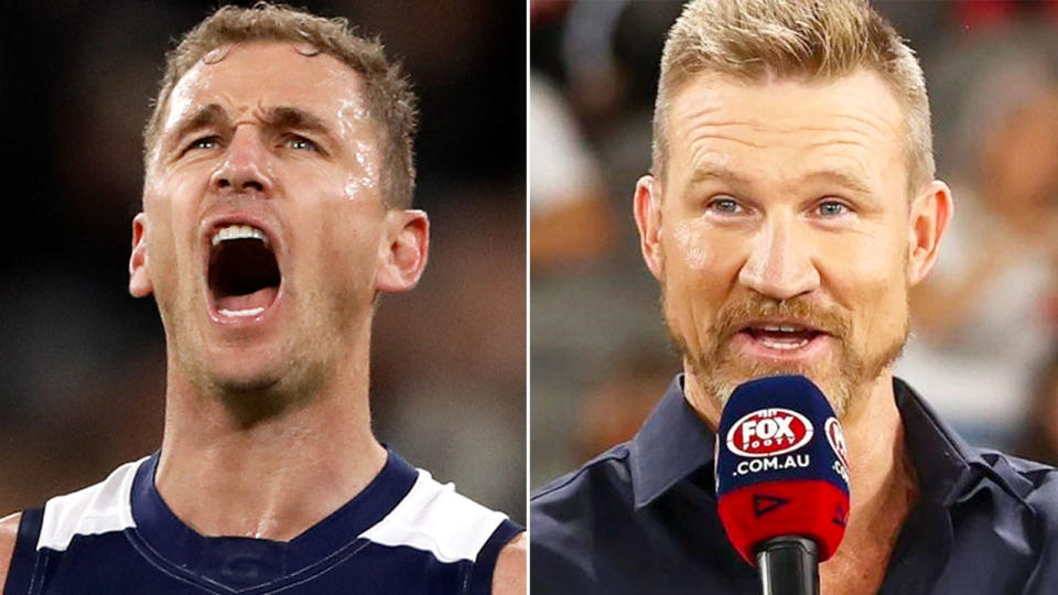 Pictured right is Collingwood AFL great Nathan Buckley alongside a photo of Geelong captain Joel Selwood.