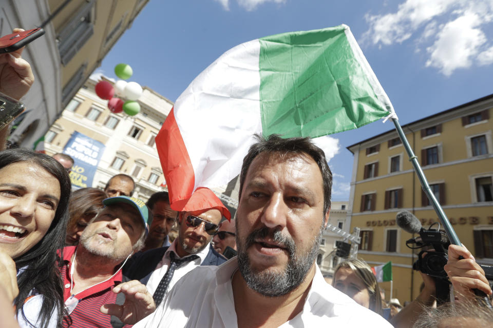 The League's leader Matteo Salvini attends a demonstration with far-right party Brothers of Italy against the 5-Star and Democratic party coalition government outside the Lower Chamber, in Rome, Monday, Sept. 9, 2019. Conte is pitching for support in Parliament for his new left-leaning coalition ahead of crucial confidence votes. (AP Photo/Andrew Medichini)