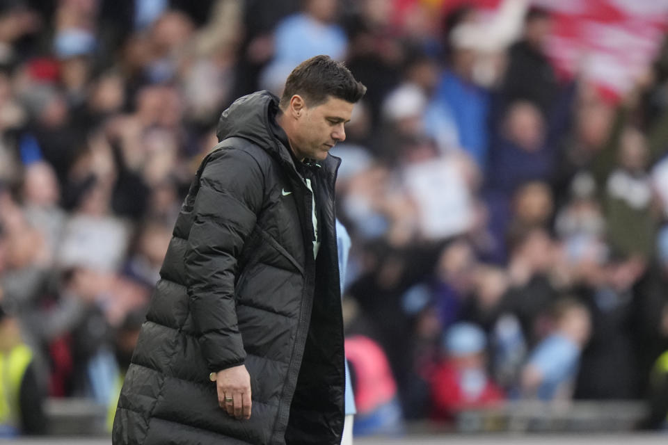 Chelsea's head coach Mauricio Pochettino reacts after the English FA Cup semifinal soccer match between Manchester City and Chelsea at Wembley stadium in London, Saturday, April 20, 2024. (AP Photo/Alastair Grant)