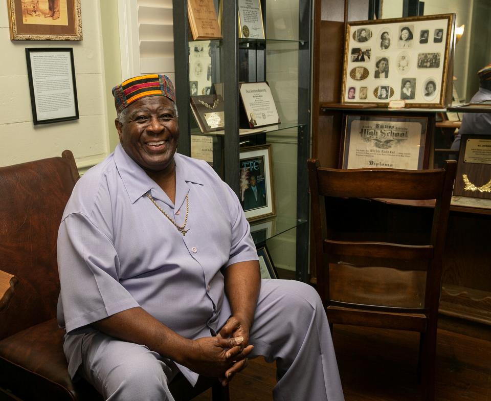 Dock Jackson talks about his family history on display at the Bastrop County African American Cultural Center's Freedom Colonies Museum at the Kerr Community Center on Friday, June 17, 2022. 