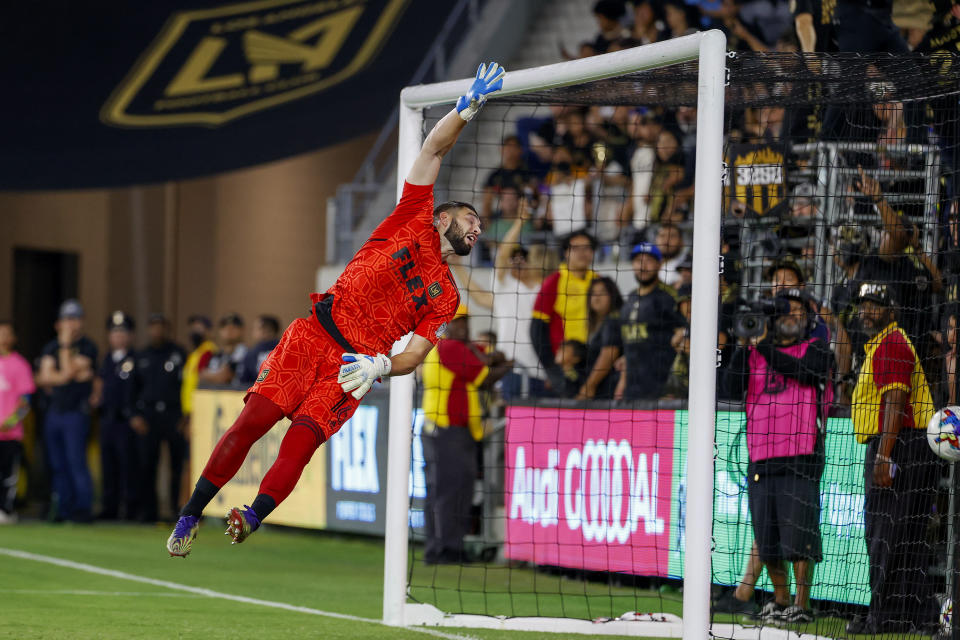 Los Angeles FC goalkeeper Maxime Crepeau gives up a goal to FC Dallas during the first half of an MLS soccer match in Los Angeles, Wednesday, June 29, 2022. (AP Photo/Ringo H.W. Chiu)