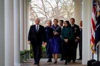 U.S. Vice President Mike Pence arrives during a news conference in the Rose Garden of the White House