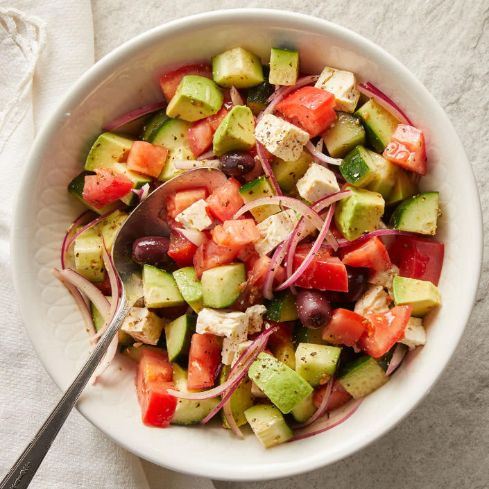 <p>Avocado adds a creamy texture to this Greek-inspired salad. It's perfect for a healthy lunch or dinner and is ready in only 20 minutes. Enjoy it on its own, serve it alongside grilled steak or burgers, or top it off with slices of grilled chicken to make it a meal. <a href="https://www.eatingwell.com/recipe/281420/greek-salad-with-avocado/" rel="nofollow noopener" target="_blank" data-ylk="slk:View Recipe" class="link ">View Recipe</a></p>