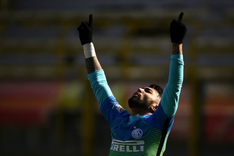 Inter Milan's forward Gabriel Barbosa Almeida celebrates after scoring a goal during the Italian Serie A football at the Dall'Ara Stadium in Bologna on Febuary 19, 2017