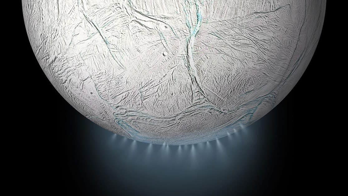  Ice plumes shown shooting from Enceladus. 