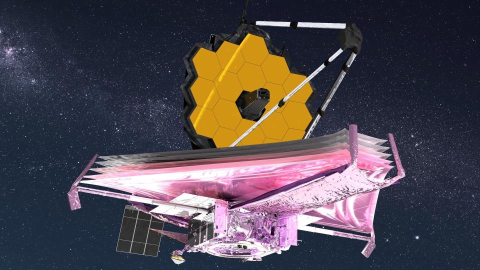 An artist's illustration of the James Webb Space Telescope. It's seen floating in space with its golden hexagonal mirrors and silvery layered base.