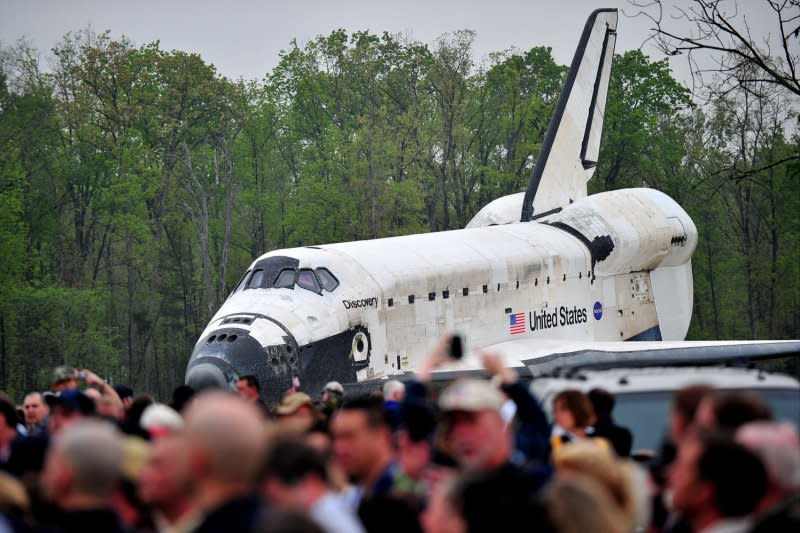 The Space Shuttle Discovery is seen prior to a transfer ceremony at the Smithsonian's National Air and Space Museum's Udvar-Hazy Center in Chantilly, Va., on April 19, 2012. On February 3, 1994, Discovery blasted off into space with the first Russian cosmonaut aboard a U.S. spacecraft. File Photo by Kevin Dietsch/UPI