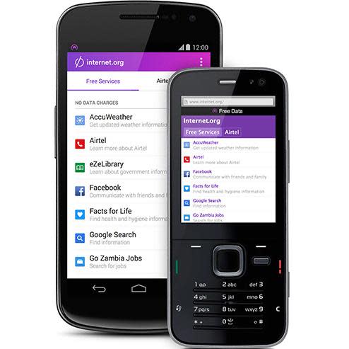 Smartphones showing free services on Internet.org