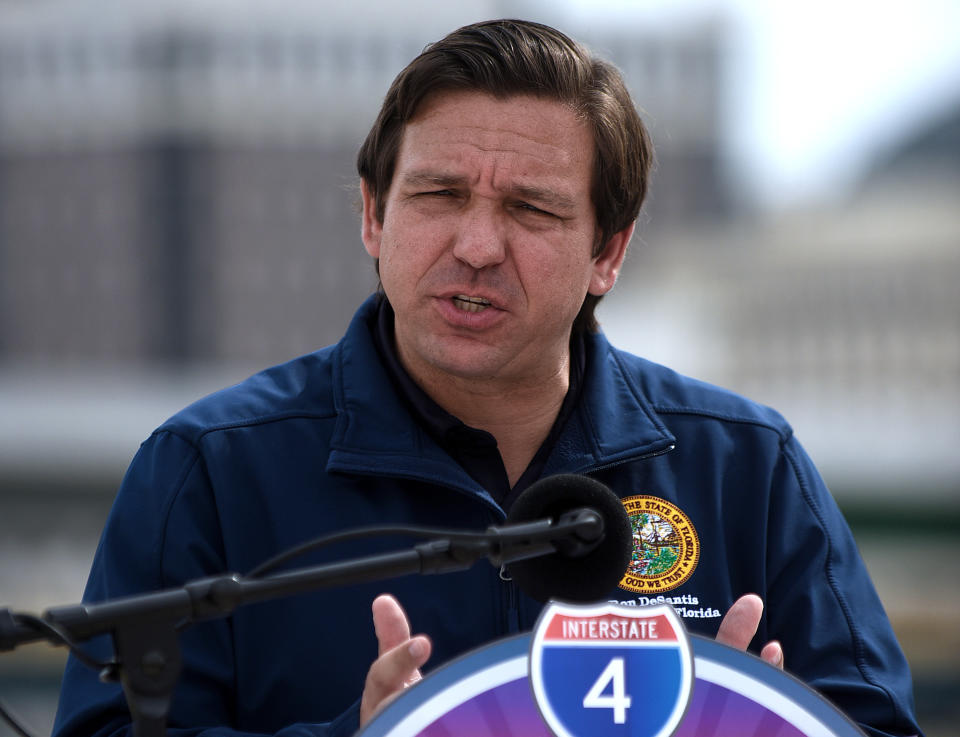 Florida Governor. Ron DeSantis speaks during a press conference at the newly completed I-4 and State Road 408 interchange. (Photo by Paul Hennessy / Echoes Wire/Barcroft Media via Getty Images)