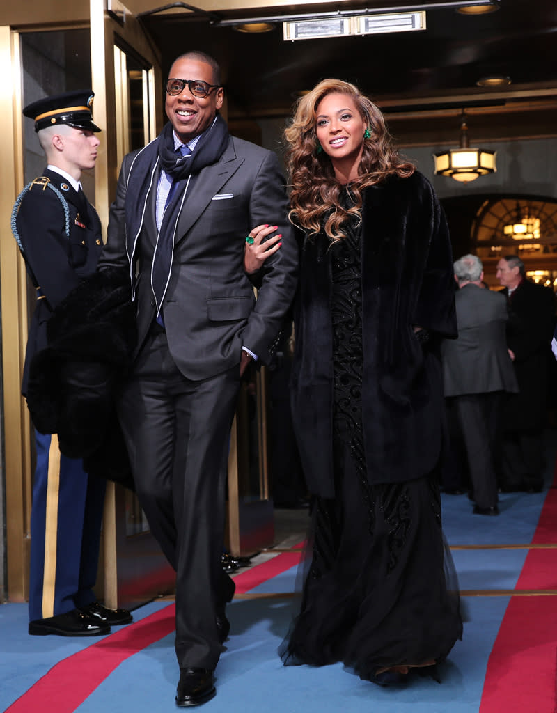 After Barack and Michelle Obama, only one other couple had all eyes on them at the Inauguration: Jay-Z and Beyonce! The singer, who serenaded the country with the National Anthem, was escorted by her Tom Ford-clad hubby to the festivities. For her performance, Beyonce wore a black Emilio Pucci gown with long black Christian Dior coat, with pops of green with a Lorraine Schwartz emerald ring and 80-carat earrings. Do you think Beyonce did a good job with the "Star-Spangled Banner"? (01/21/2013)