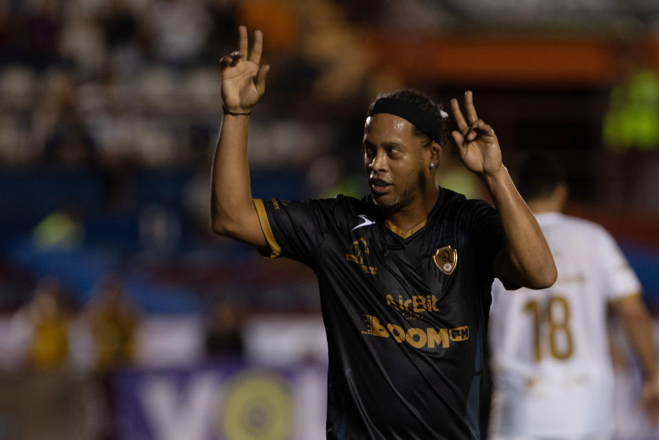 Football Star Ronaldo de Assis Moreira "Ronaldinho" celebrating during a exhibition match 'Legends Game' at Andres Quintana Roo Stadium on December 12, 2019 in Cancun, Mexico. (Photo by Eyepix/Sipa USA)