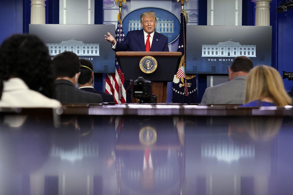 President Donald Trump speaks at a news conference in the James Brady Press Briefing Room at the White House, Monday, Aug. 31, 2020, in Washington. (AP Photo/Andrew Harnik)