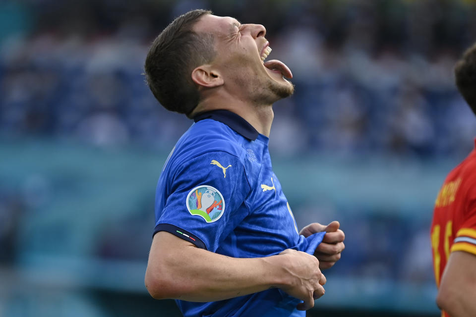 Italy's Andrea Belotti sticks his tongue out during the Euro 2020 soccer championship group A match between Italy and Wales, at the Rome Olympic stadium, Sunday, June 20, 2021. (Riccardo Antimiani, Pool via AP)