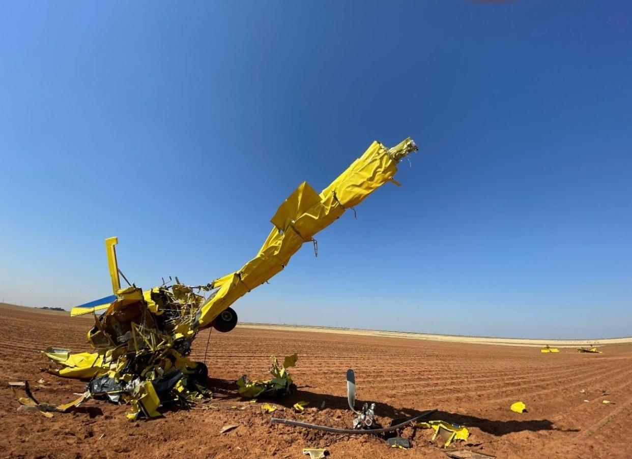 The wreckage of N2032K, piloted by Jeremy Deshawn Williams, is pictured in a preliminary NTSB report following a June 14, 2024 crash in Cochran County.