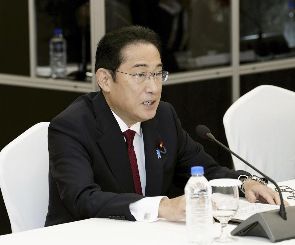 Japanese Prime Minister Fumio Kishida speaks during a meeting with Chinese Premier Li Qiang in Seoul, South Korea, Sunday, May 26, 2024. (Daisuke Suzuki/Kyodo News via AP)