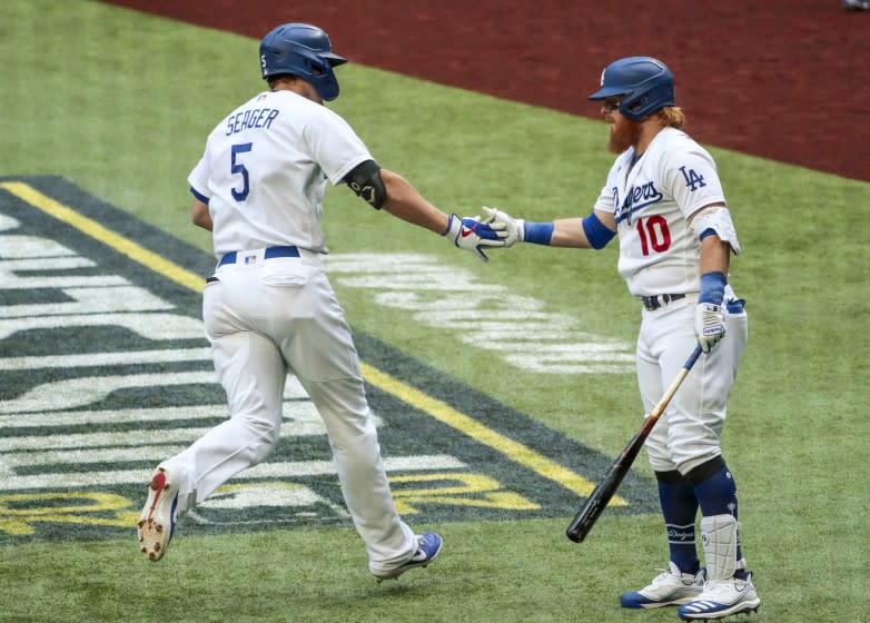 Arlington, Texas, Saturday, October 17, 2020. Los Angeles Dodgers shortstop Corey Seager.