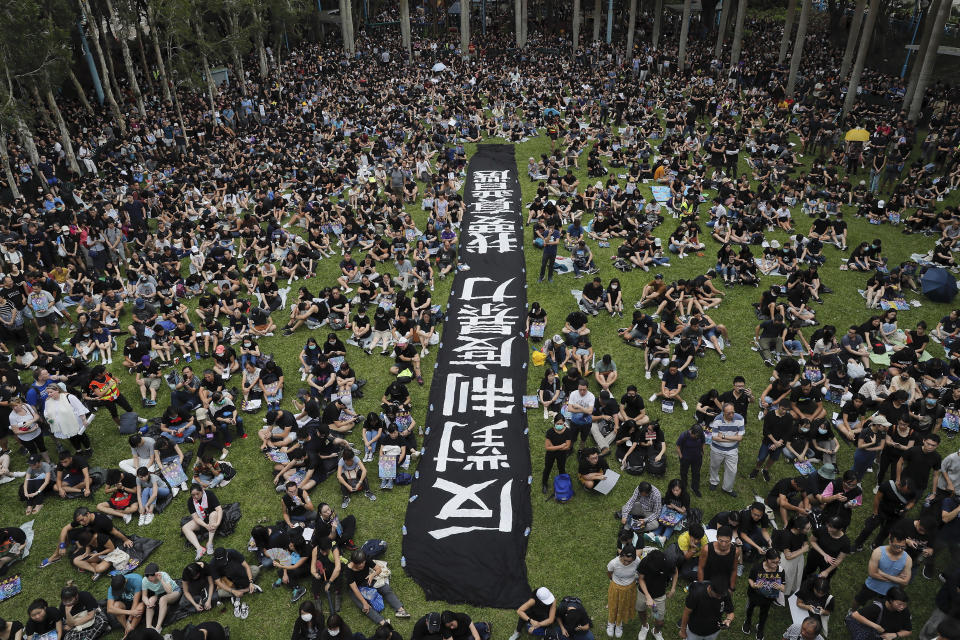 People gather at Belcher Bay Park as they take part in an anti-extradition bill protest in Western district in Hong Kong, Sunday, Aug. 4, 2019. Protesters held two more rallies Sunday after Hong Kong police announced more than 20 people were arrested following clashes at an earlier demonstration, adding to increasingly tense confrontations with the Chinese territory's government. The banner reads "Against institutional violence, we want real elections." (AP Photo/Kin Cheung)