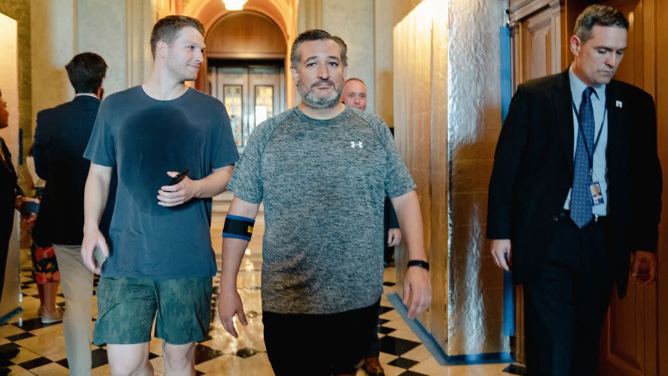 Sen. Ted Cruz, seen here outside the Senate chamber in workout clothes in August 2022. - Shuran Huang/The Washington Post/Getty Images